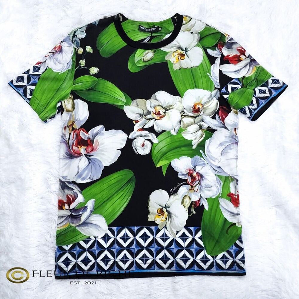 Dolce & Gabbana Elegant Orchid Print Crewneck T-shirt Black sz 48